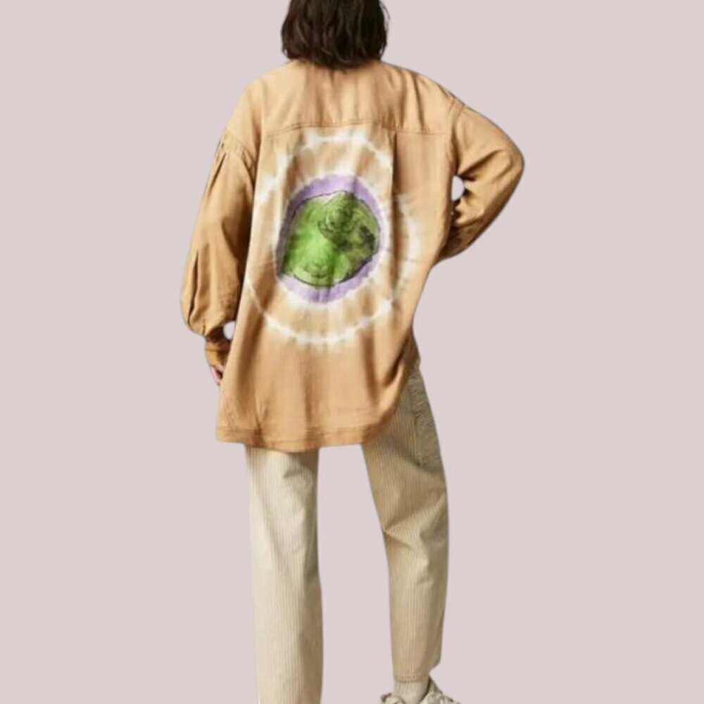 Free People WTF Yin Yang Tie Dye Graphic Buttondown Boho Oversized Shirt Medium - Picture 3 of 16